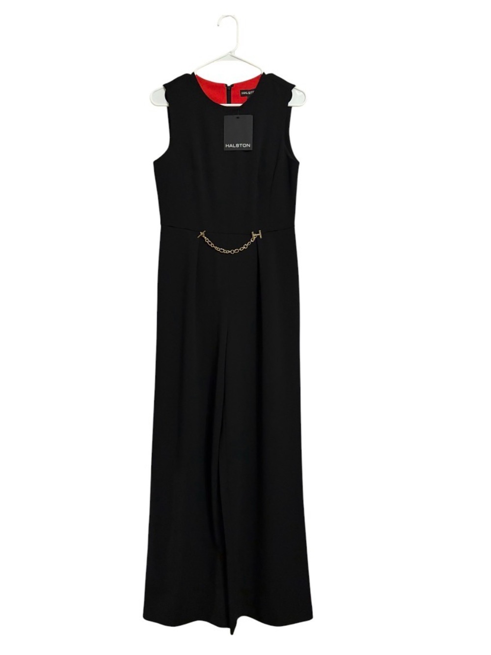 Halston Black Sleeveless Wide-Leg Jumpsuit Size 4 with Gold Chain Detail - Picture 2 of 4